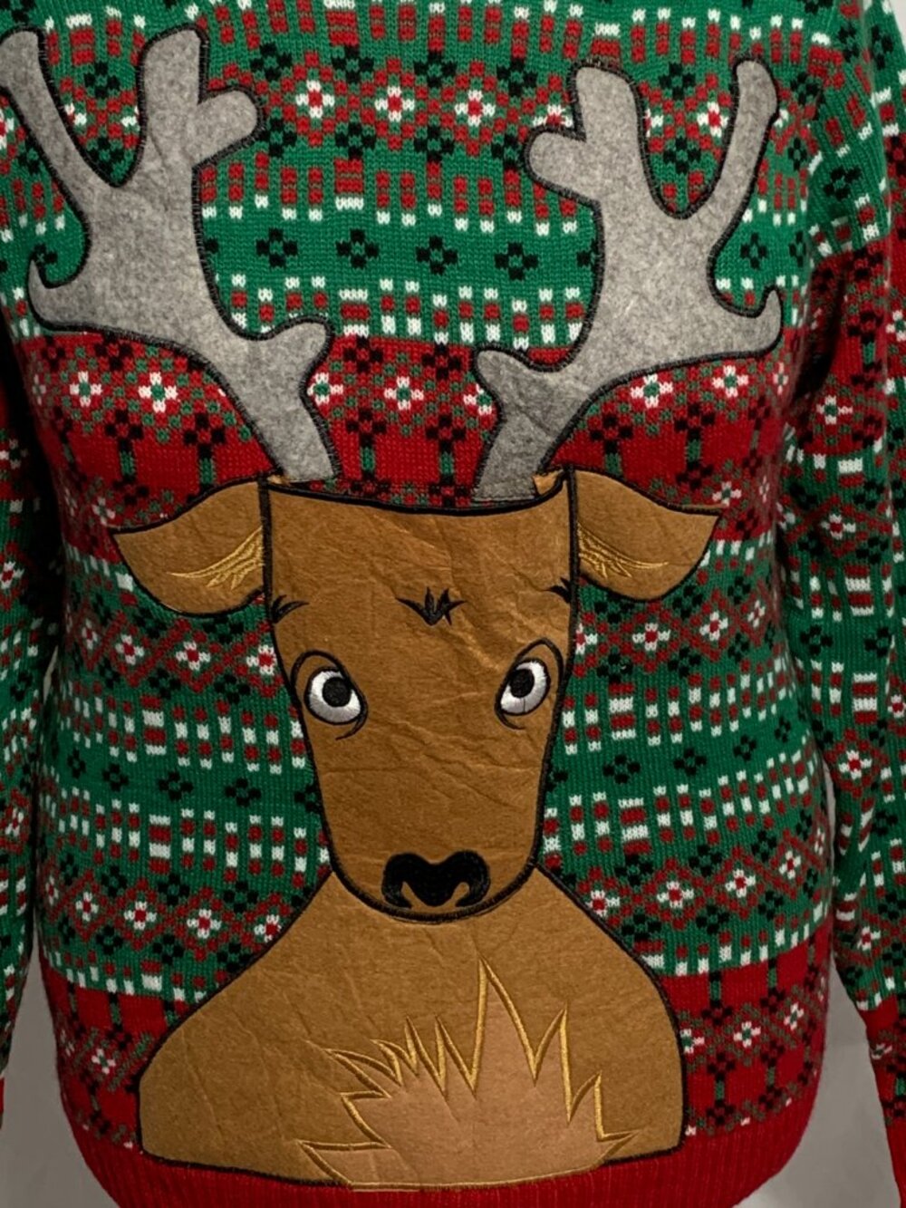 Ugly Christmas Sweater Reindeer Head Drink Beer Holder Red Green MENS Womens M - Picture 2 of 5